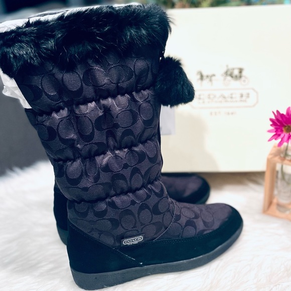 NIB! Coach Theona Snow Boots in Black Signature Lined with Rabbit Fur - Picture 7 of 10